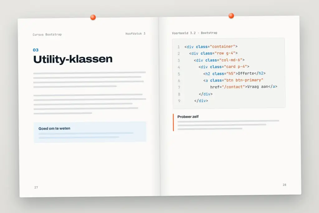 Opengeslagen cursus Bootstrap: een hoofdstuk met uitleg en een oefening
