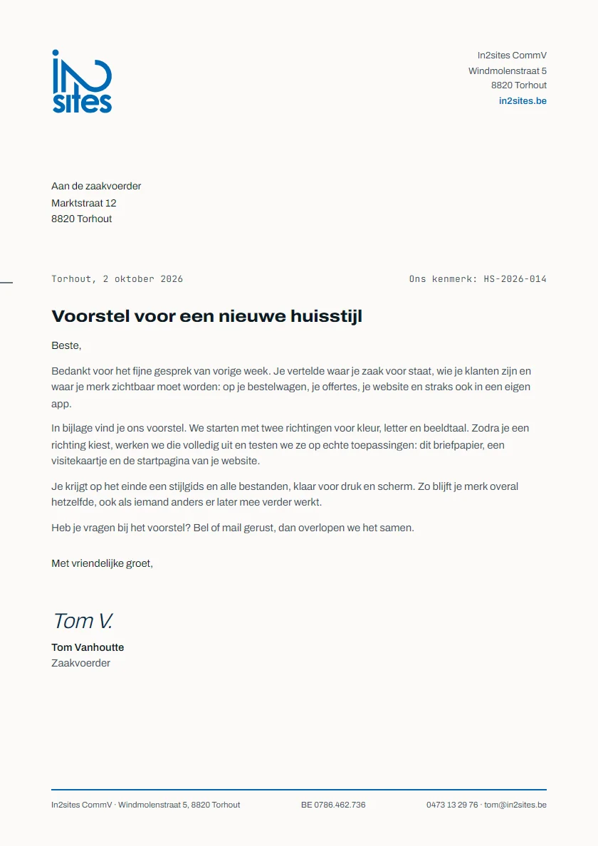 Briefpapier van in2sites op A4 met logo, adresblok en een korte brief