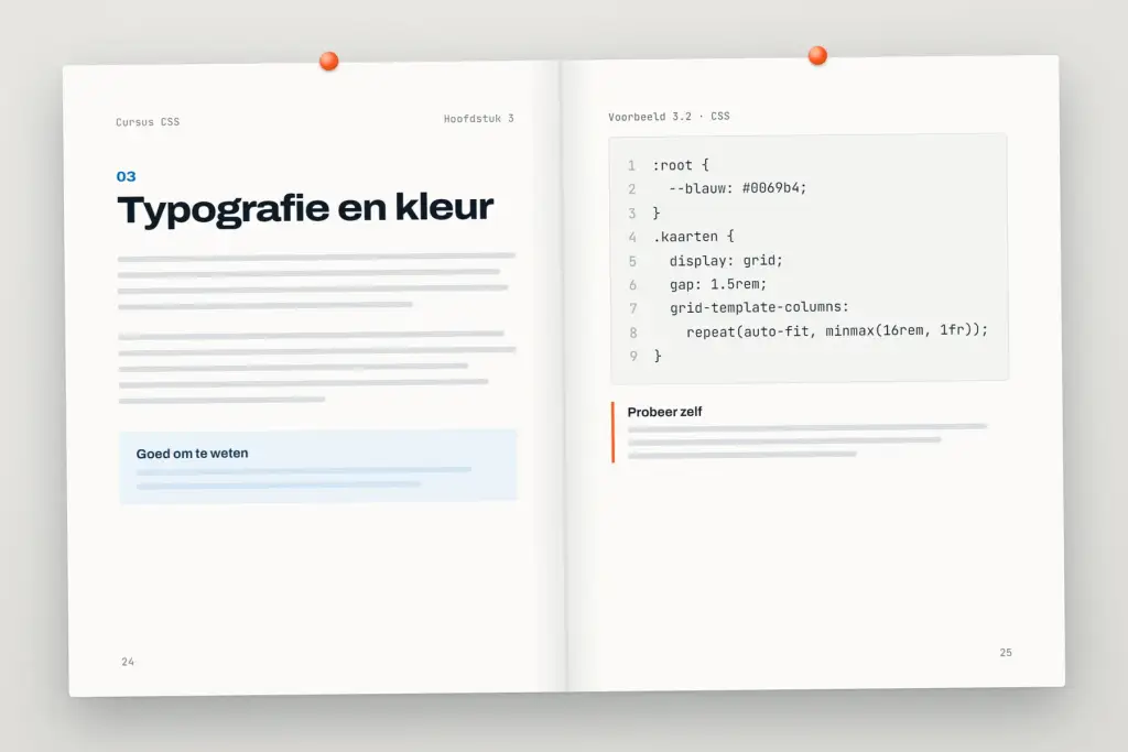 Opengeslagen cursus CSS: een hoofdstuk met uitleg en een oefening