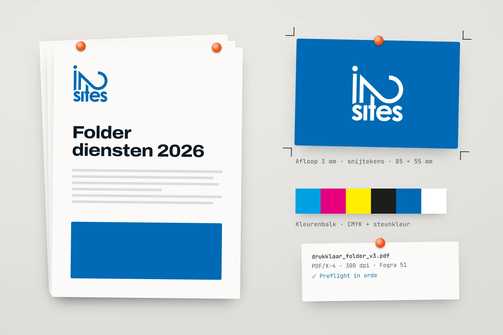 Drukwerk in dezelfde huisstijl: visitekaartjes, folder en roll-up