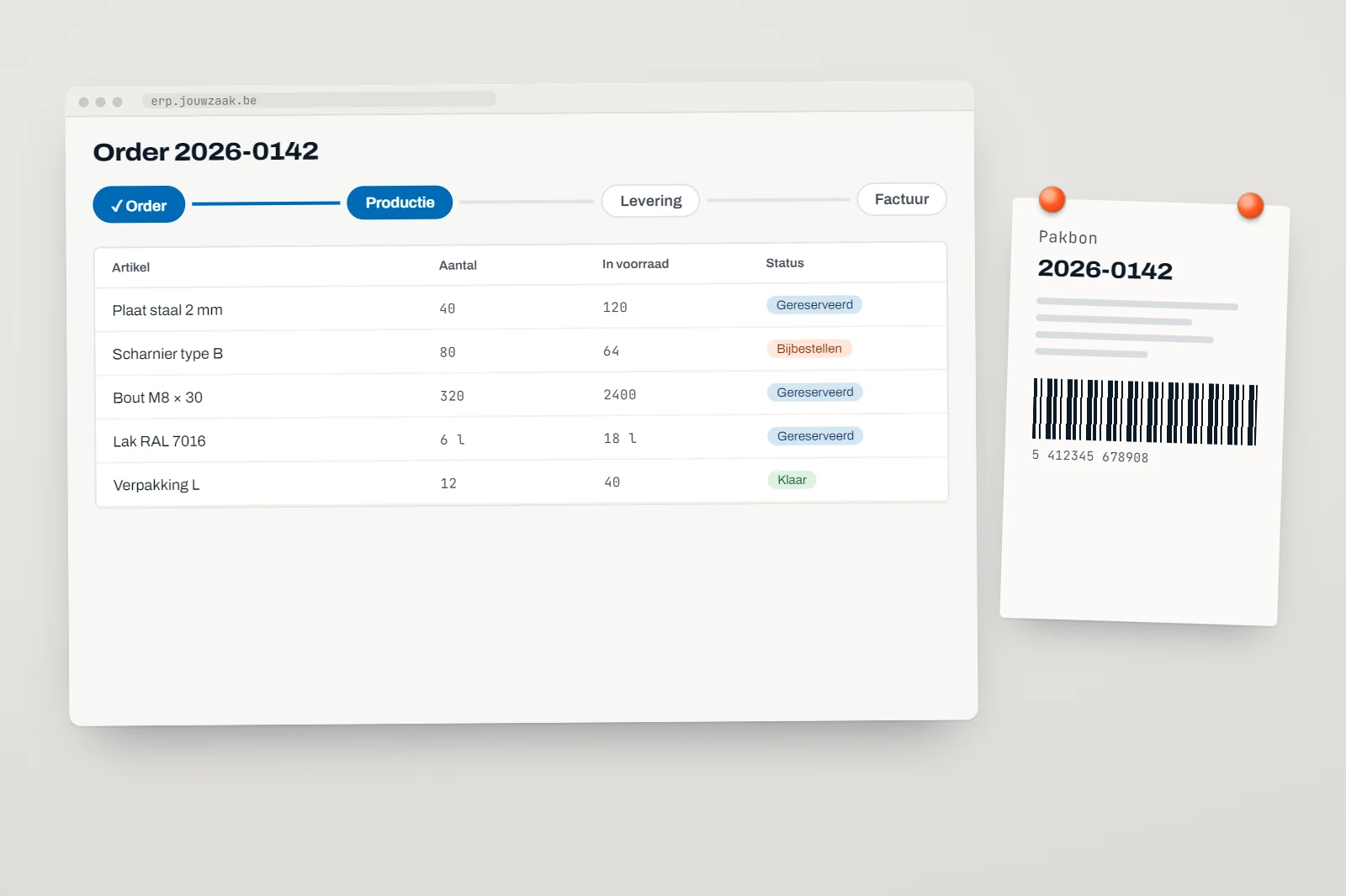 ERP op maat: orderoverzicht met voorraad en productiestatus op een laptop