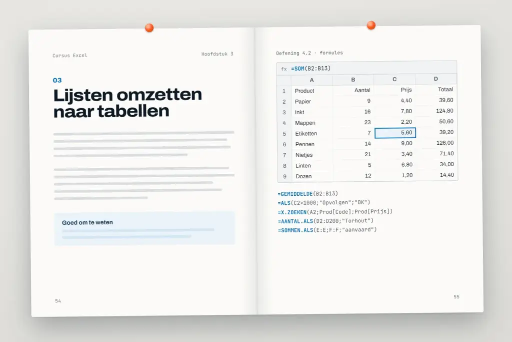 Opengeslagen cursus Excel: een hoofdstuk met uitleg en een oefening