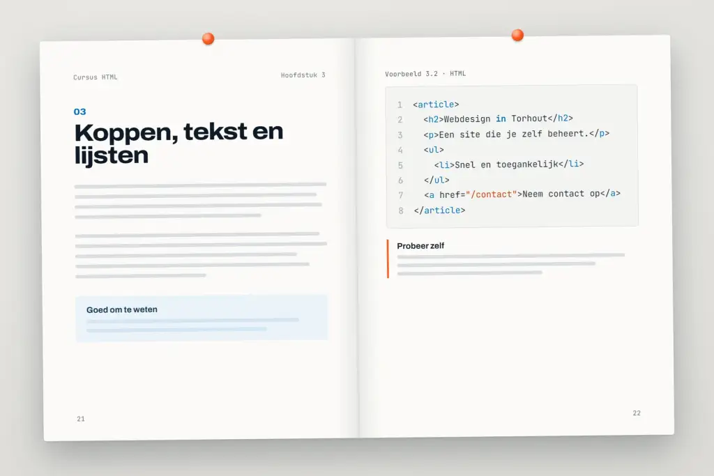 Opengeslagen cursus HTML: een hoofdstuk met uitleg en een oefening