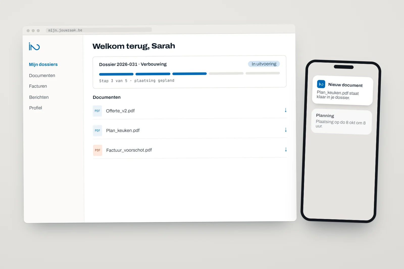 Klantenportaal: dossieroverzicht met status, documenten en berichten op een laptop