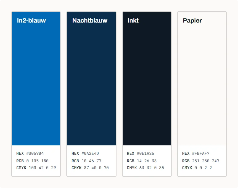 Kleurstalen van de huisstijl van in2sites met de kleurcodes