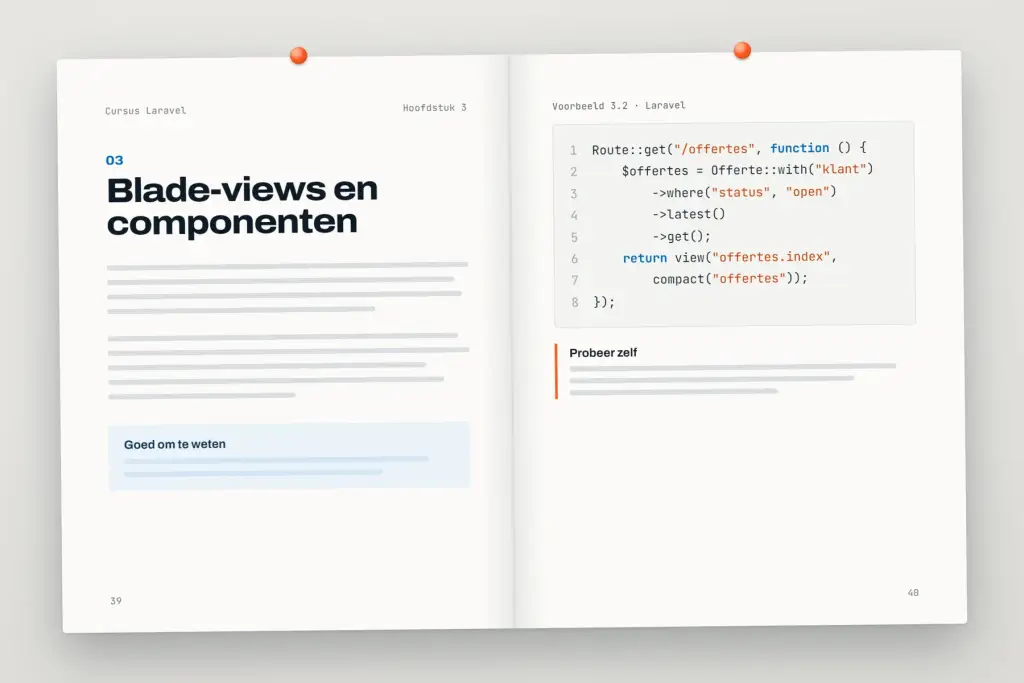 Opengeslagen cursus Laravel: een hoofdstuk met uitleg en een oefening