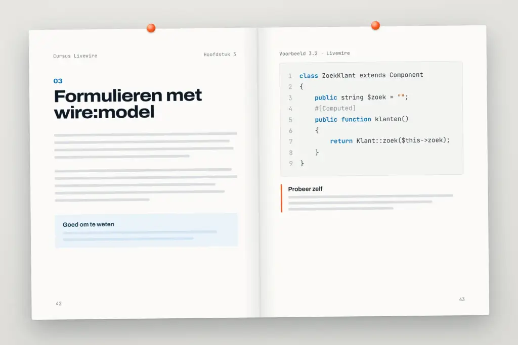 Opengeslagen cursus Livewire: een hoofdstuk met uitleg en een oefening