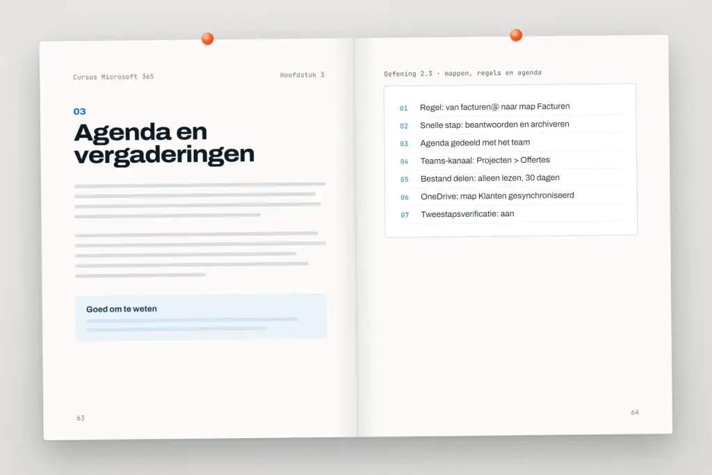 Opengeslagen cursus Microsoft 365 (Outlook, Teams, OneDrive): een hoofdstuk met uitleg en een oefening