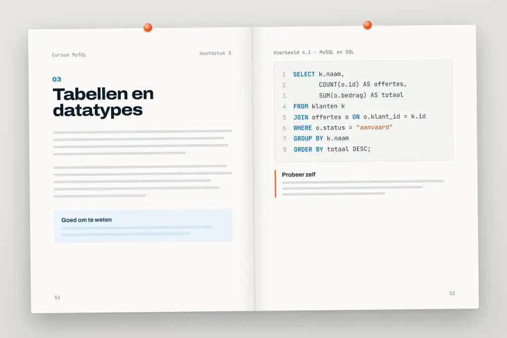 Opengeslagen cursus MySQL en SQL: een hoofdstuk met uitleg en een oefening