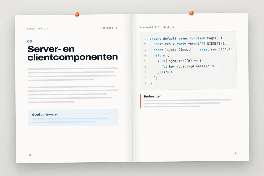 Opengeslagen cursus Next.js: een hoofdstuk met uitleg en een oefening