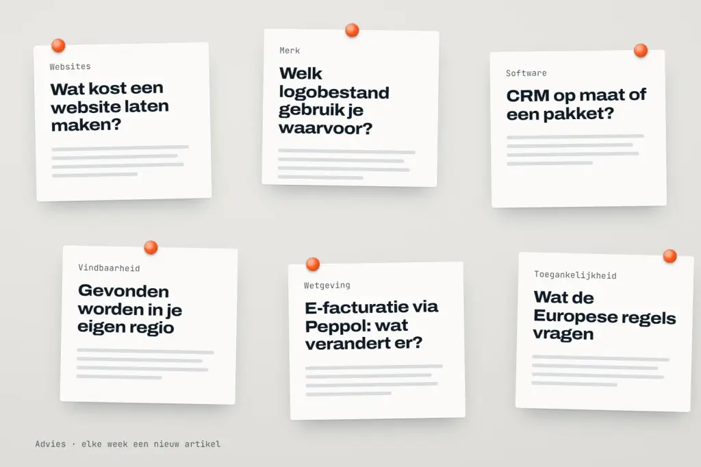 Advies van in2sites: artikels over websites, merk, software, vindbaarheid, e-facturatie en toegankelijkheid als vellen op een wand