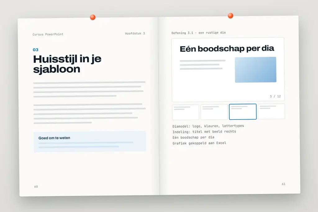 Opengeslagen cursus PowerPoint: een hoofdstuk met uitleg en een oefening