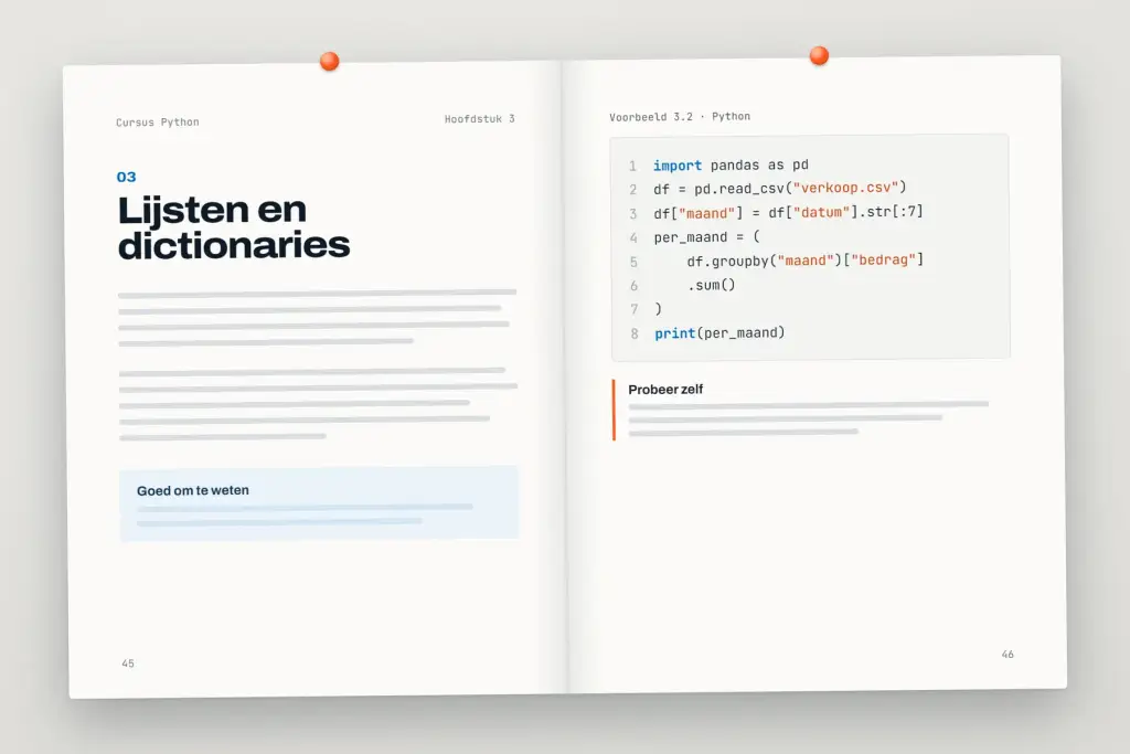 Opengeslagen cursus Python: een hoofdstuk met uitleg en een oefening