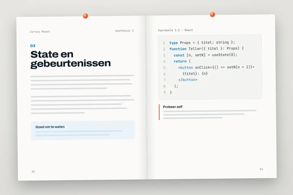 Opengeslagen cursus React: een hoofdstuk met uitleg en een oefening