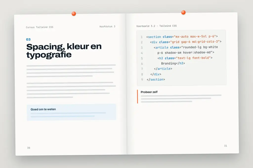 Opengeslagen cursus Tailwind CSS: een hoofdstuk met uitleg en een oefening