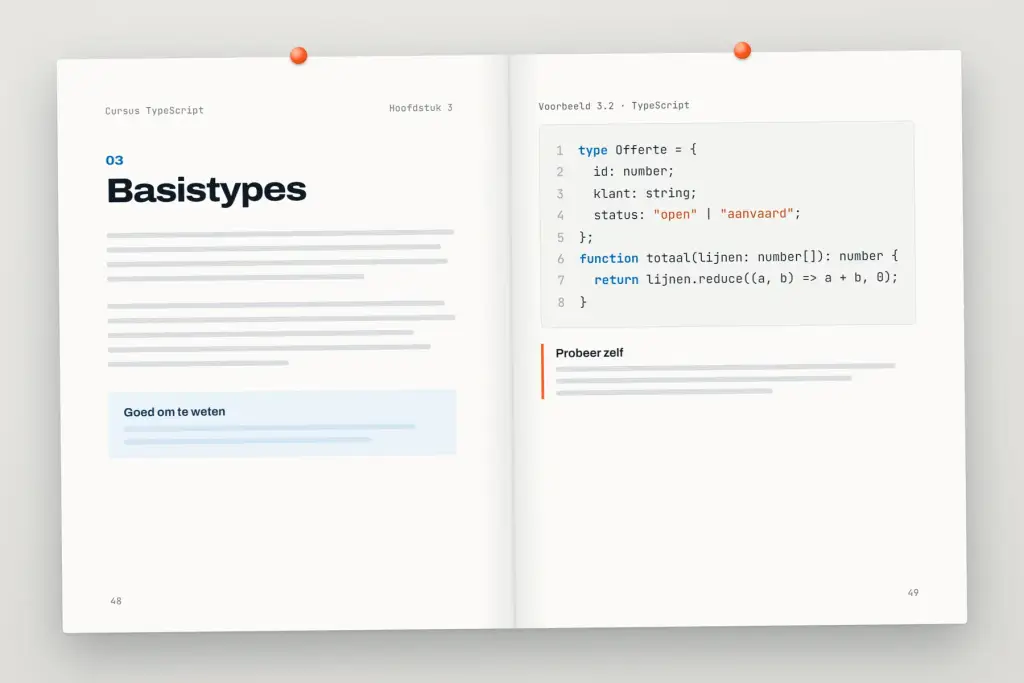 Opengeslagen cursus TypeScript: een hoofdstuk met uitleg en een oefening