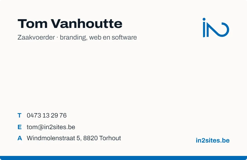 Visitekaartje van in2sites, achterkant met naam en contactgegevens