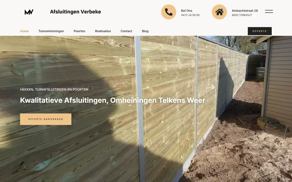 Website Afsluitingen Verbeke op een computerscherm: de startpagina