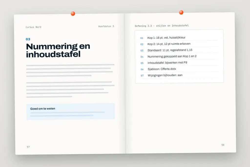 Opengeslagen cursus Word: een hoofdstuk met uitleg en een oefening